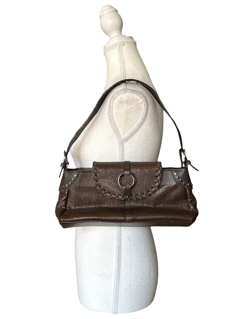 Y2K Western Style Brown Faux Leather Baguette Shoulder Bag